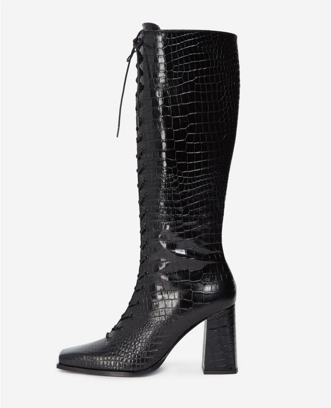 black heeled boots in croc-effect leather de The Kooples sur SCANDALOOK